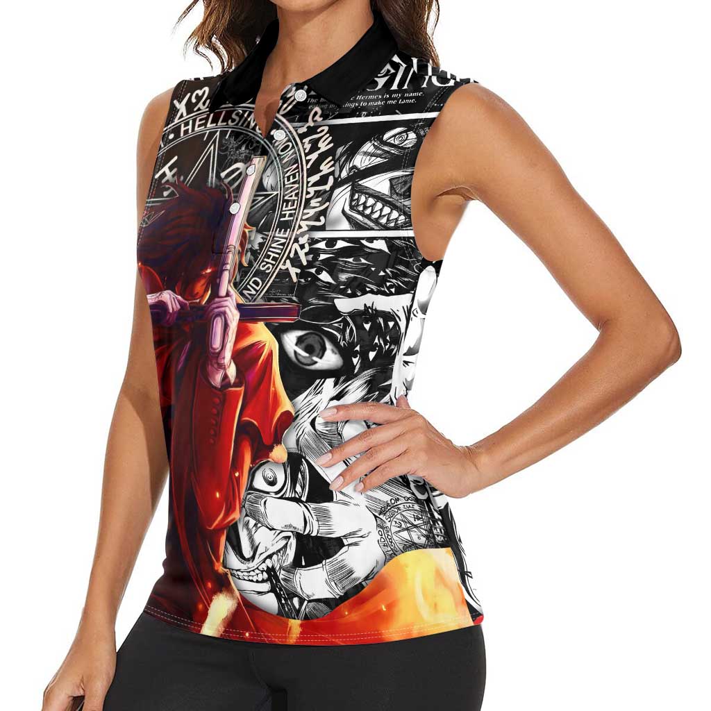 Alucard Hellsing Manga Collage Black and Red Design Women Sleeveless Polo Shirt with Gun Pose and Symbolic Silhouettes - The Mazicc