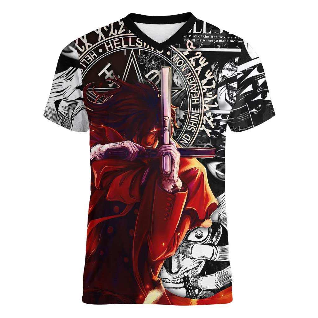 Alucard Hellsing Manga Collage Black and Red Design Women V-Neck T-Shirt with Gun Pose and Symbolic Silhouettes - The Mazicc