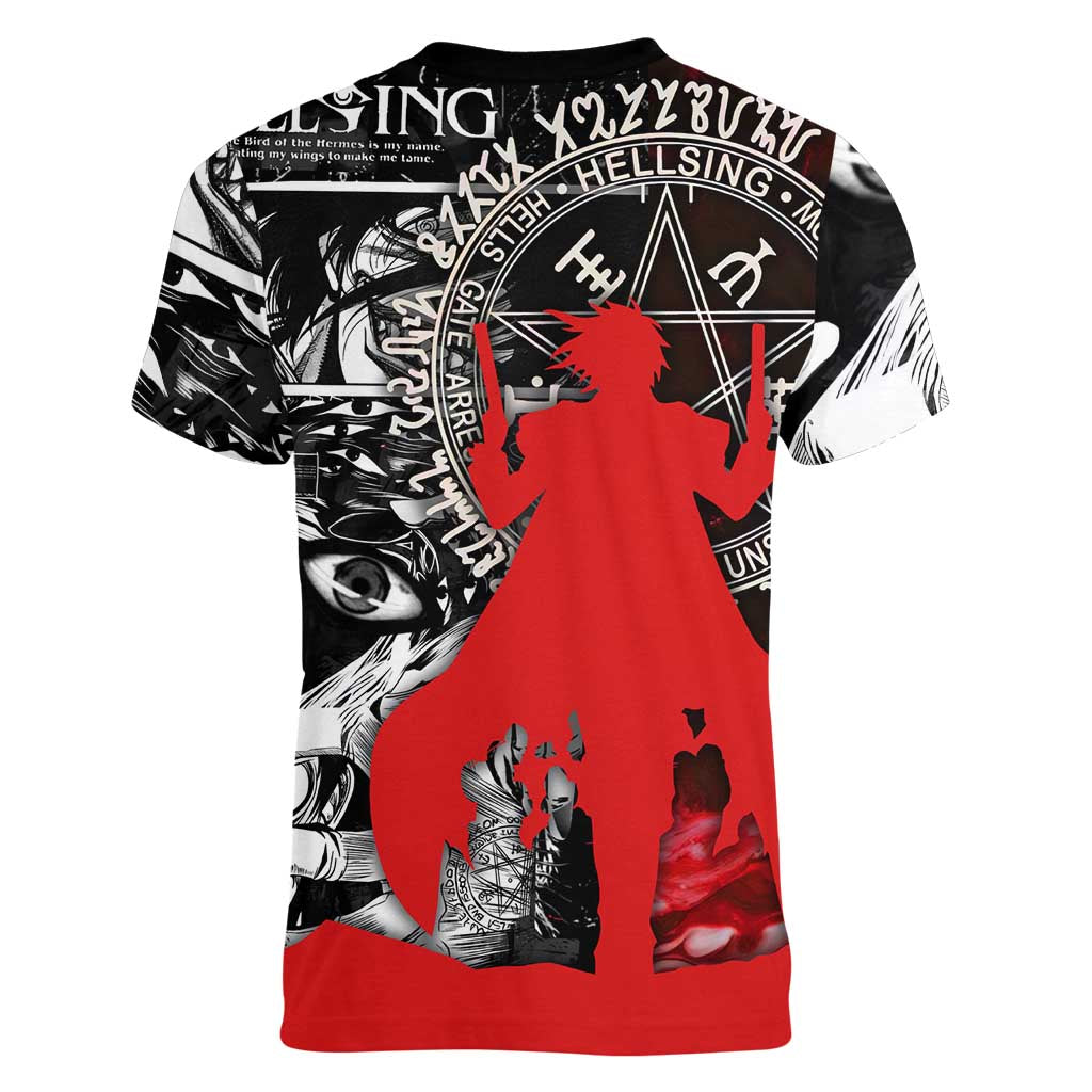 Alucard Hellsing Manga Collage Black and Red Design Women V-Neck T-Shirt with Gun Pose and Symbolic Silhouettes - The Mazicc
