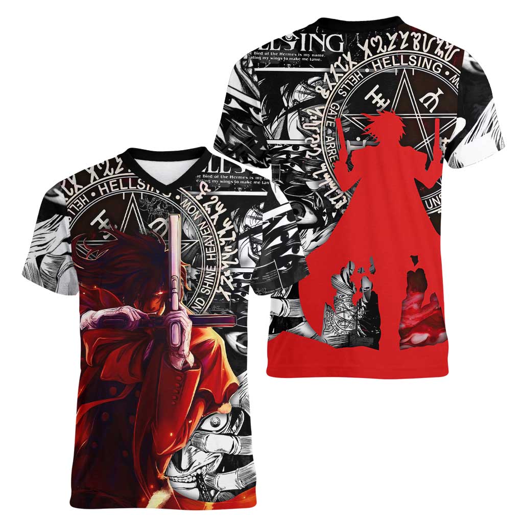 Alucard Hellsing Manga Collage Black and Red Design Women V-Neck T-Shirt with Gun Pose and Symbolic Silhouettes - The Mazicc