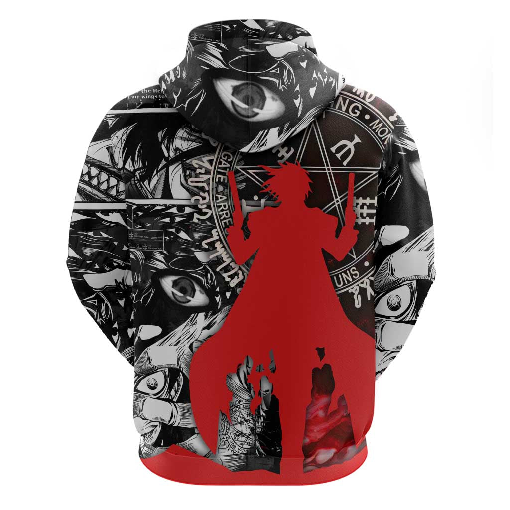 Alucard Hellsing Manga Collage Black and Red Design Zip Hoodie with Gun Pose and Symbolic Silhouettes - The Mazicc