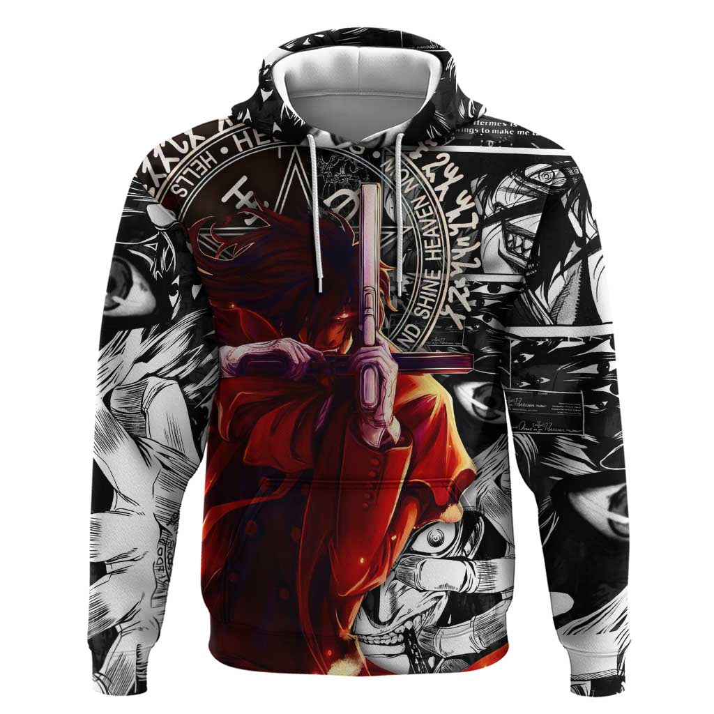 Alucard Hellsing Manga Collage Black and Red Design Zip Hoodie with Gun Pose and Symbolic Silhouettes - The Mazicc