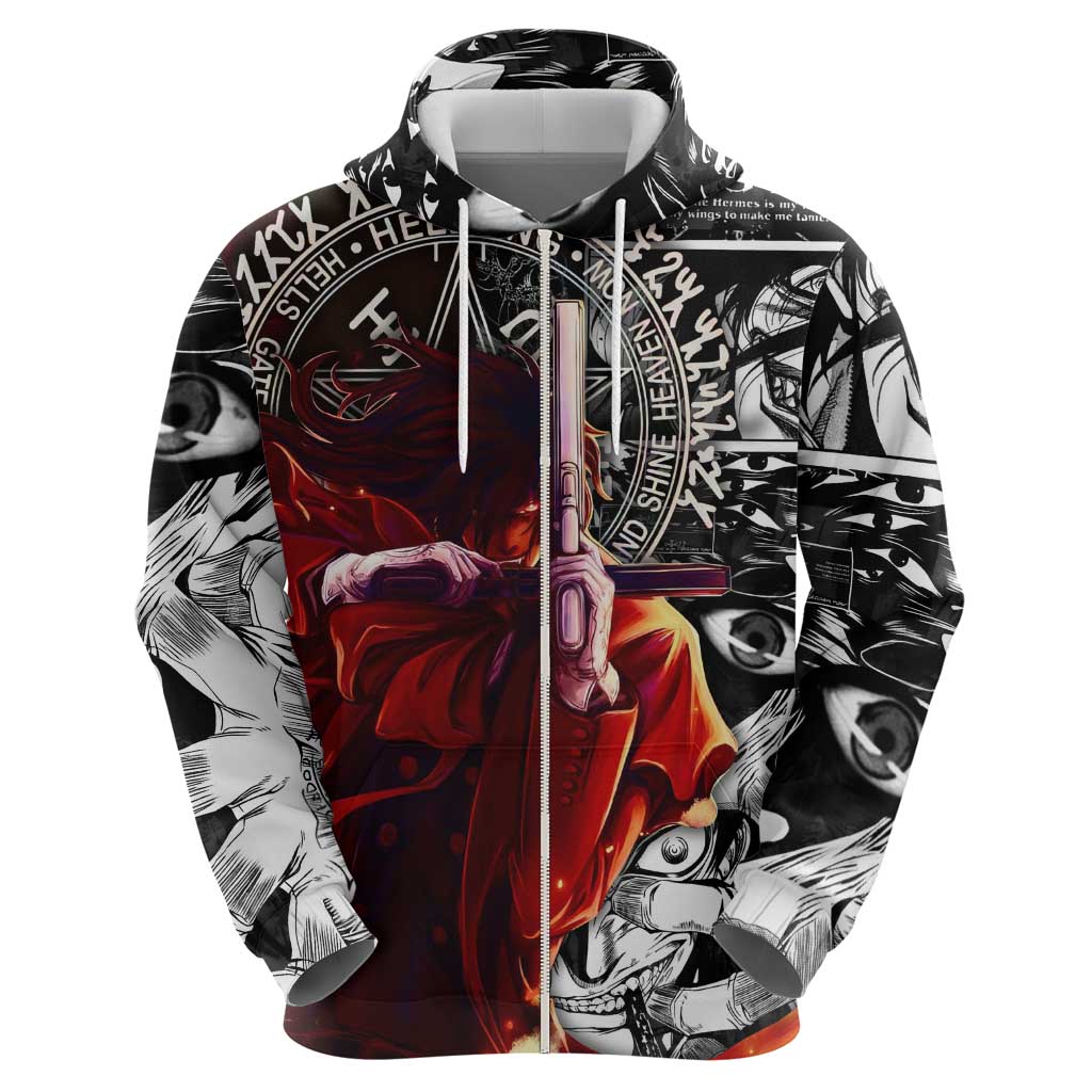 Alucard Hellsing Manga Collage Black and Red Design Zip Hoodie with Gun Pose and Symbolic Silhouettes - The Mazicc