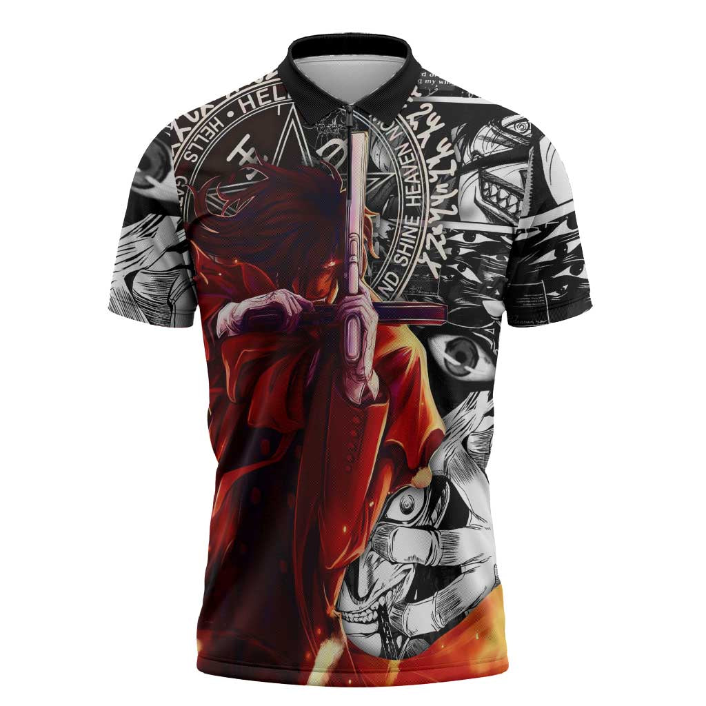 Alucard Hellsing Manga Collage Black and Red Design Zipper Polo Shirt with Gun Pose and Symbolic Silhouettes - The Mazicc