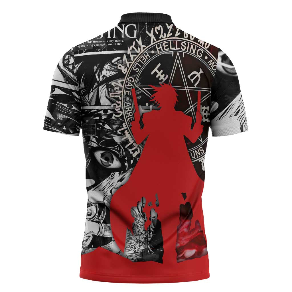 Alucard Hellsing Manga Collage Black and Red Design Zipper Polo Shirt with Gun Pose and Symbolic Silhouettes - The Mazicc