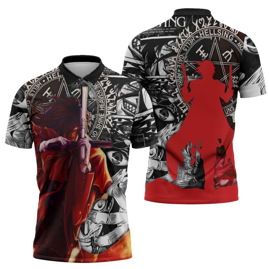 Alucard Hellsing Manga Collage Black and Red Design Zipper Polo Shirt with Gun Pose and Symbolic Silhouettes - The Mazicc