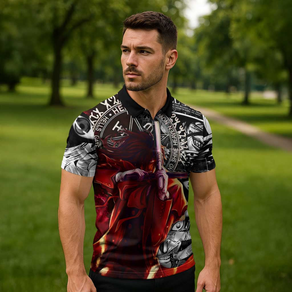 Alucard Hellsing Manga Collage Black and Red Design Zipper Polo Shirt with Gun Pose and Symbolic Silhouettes - The Mazicc