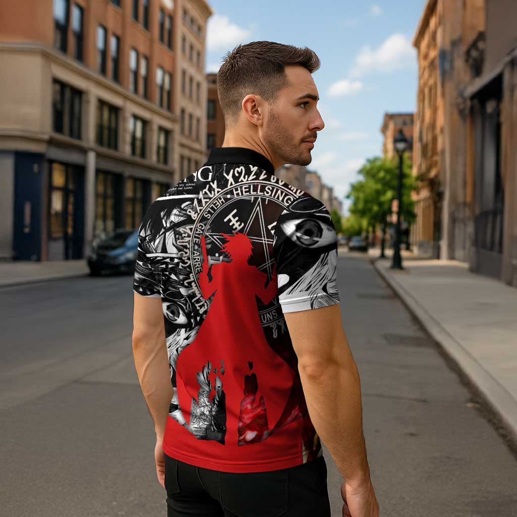 Alucard Hellsing Manga Collage Black and Red Design Zipper Polo Shirt with Gun Pose and Symbolic Silhouettes - The Mazicc