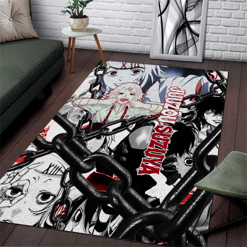 Juuzou Suzuya Tokyo Ghoul Black and White Manga Style Design Area Rug with Red Accents and Chain Weapon Motif - The Mazicc