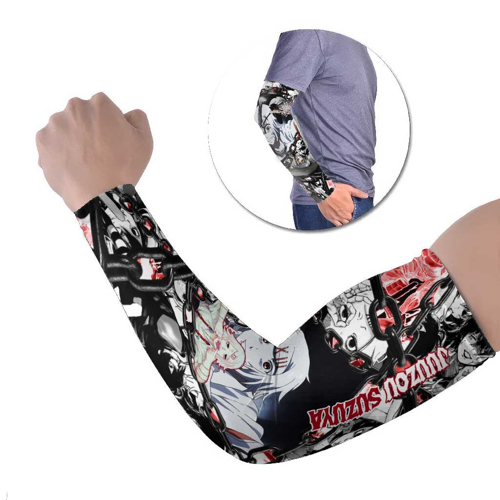Juuzou Suzuya Tokyo Ghoul Black and White Manga Style Design Arm Sleeves with Red Accents and Chain Weapon Motif - The Mazicc