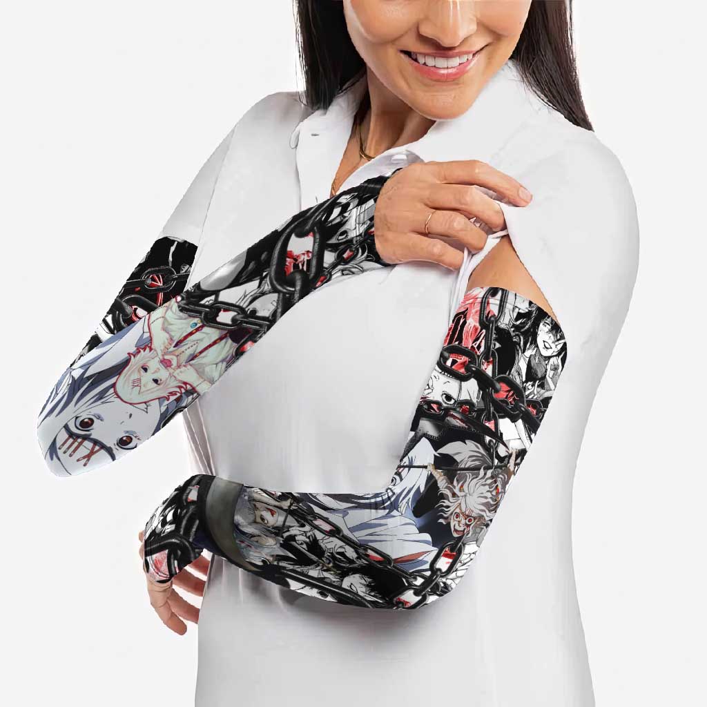Juuzou Suzuya Tokyo Ghoul Black and White Manga Style Design Arm Sleeves with Red Accents and Chain Weapon Motif - The Mazicc