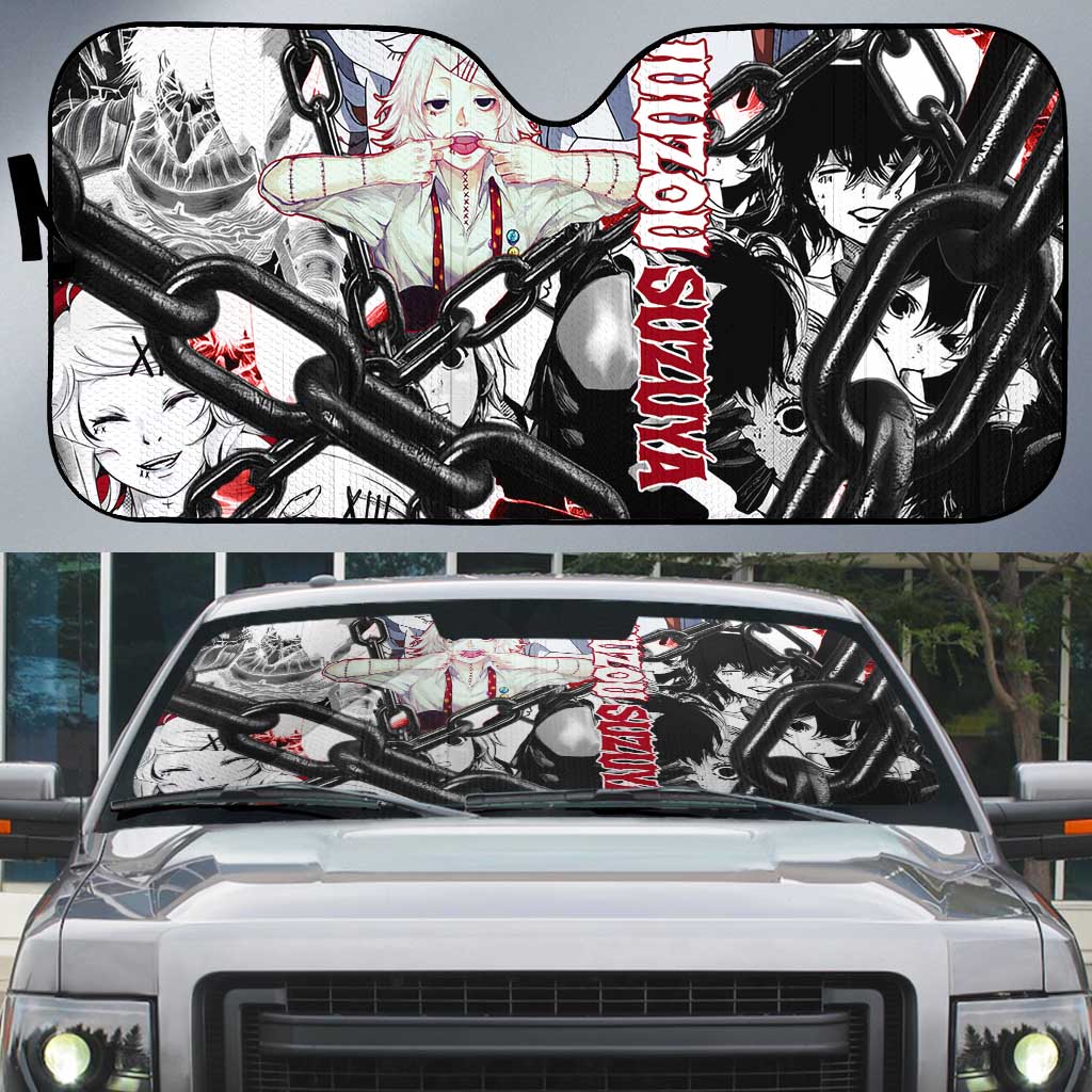 Juuzou Suzuya Tokyo Ghoul Black and White Manga Style Design Auto Sun Shade with Red Accents and Chain Weapon Motif - The Mazicc