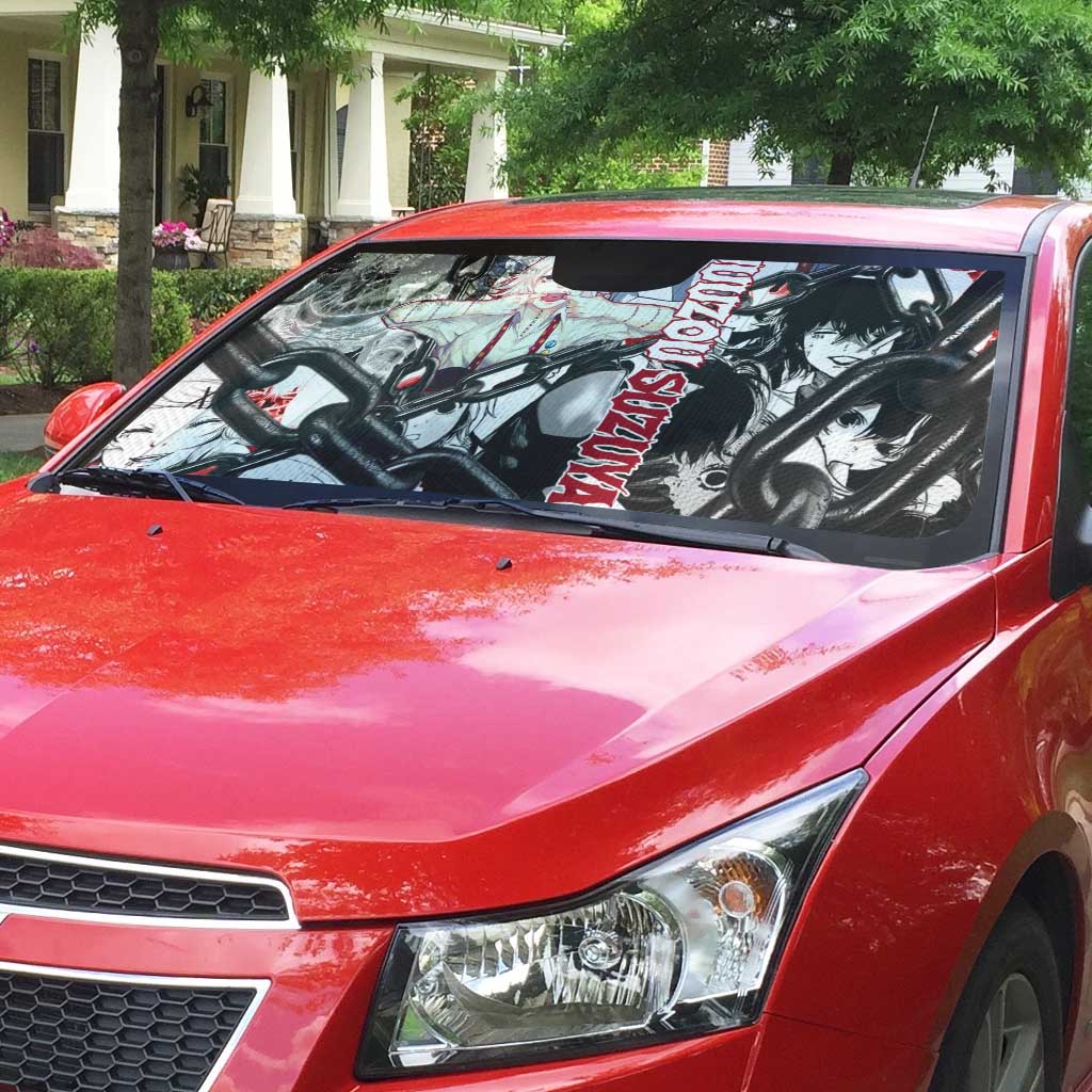 Juuzou Suzuya Tokyo Ghoul Black and White Manga Style Design Auto Sun Shade with Red Accents and Chain Weapon Motif - The Mazicc