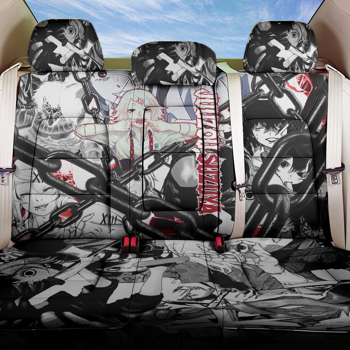 Juuzou Suzuya Tokyo Ghoul Black and White Manga Style Design Back Car Seat Cover with Red Accents and Chain Weapon Motif - The Mazicc