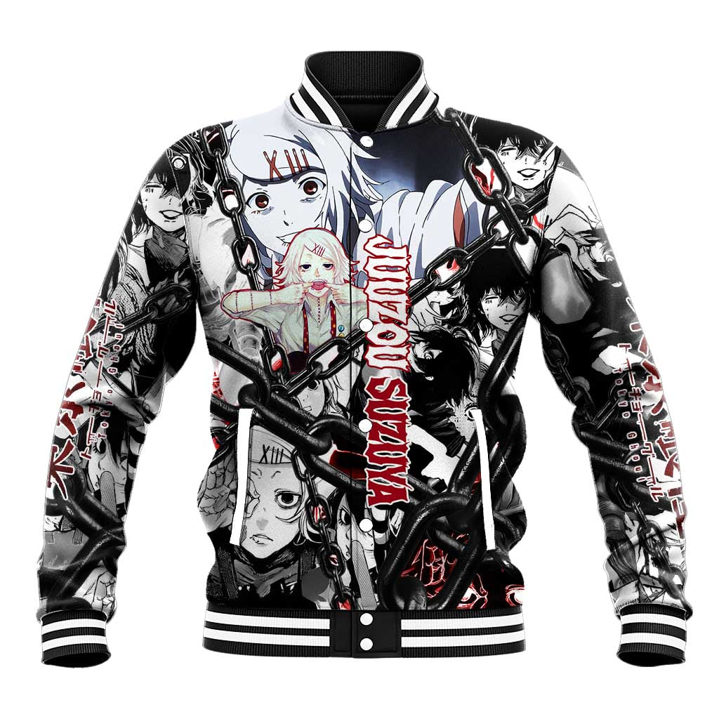Juuzou Suzuya Tokyo Ghoul Black and White Manga Style Design Baseball Jacket with Red Accents and Chain Weapon Motif - The Mazicc