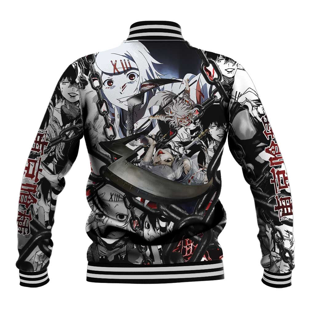 Juuzou Suzuya Tokyo Ghoul Black and White Manga Style Design Baseball Jacket with Red Accents and Chain Weapon Motif - The Mazicc