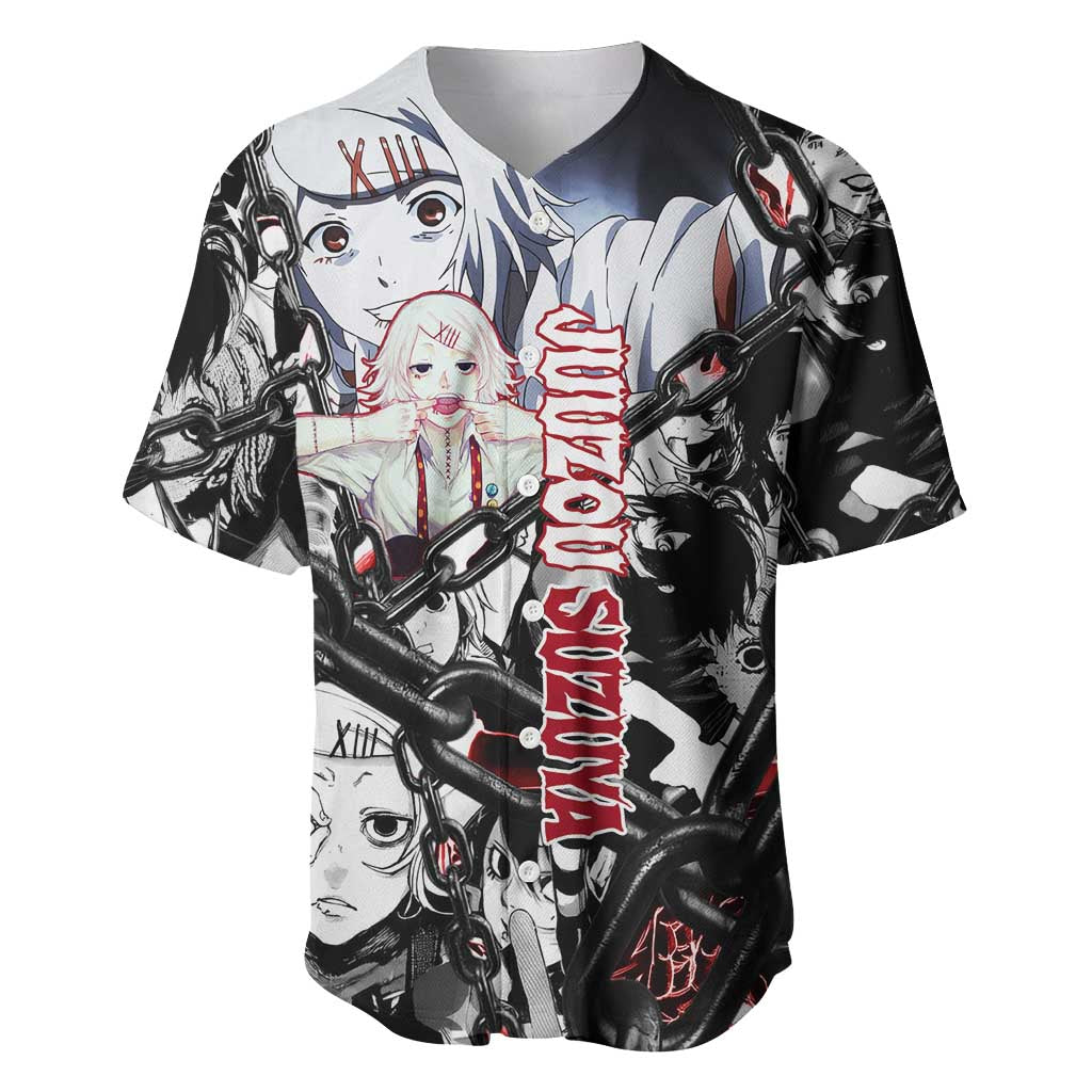 Juuzou Suzuya Tokyo Ghoul Black and White Manga Style Design Baseball Jersey with Red Accents and Chain Weapon Motif - The Mazicc
