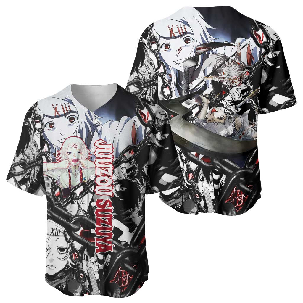 Juuzou Suzuya Tokyo Ghoul Black and White Manga Style Design Baseball Jersey with Red Accents and Chain Weapon Motif - The Mazicc