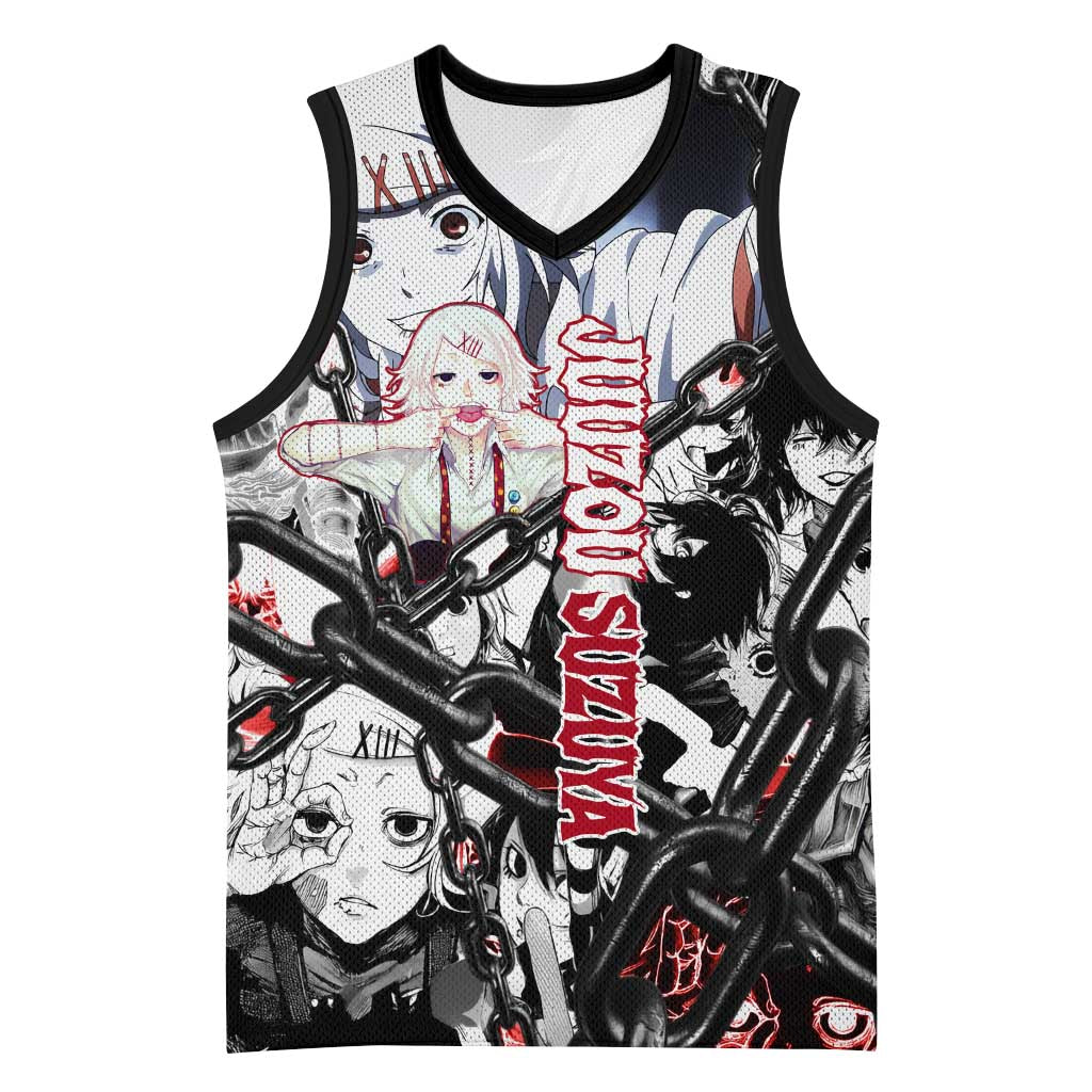 Juuzou Suzuya Tokyo Ghoul Black and White Manga Style Design Basketball Jersey with Red Accents and Chain Weapon Motif - The Mazicc