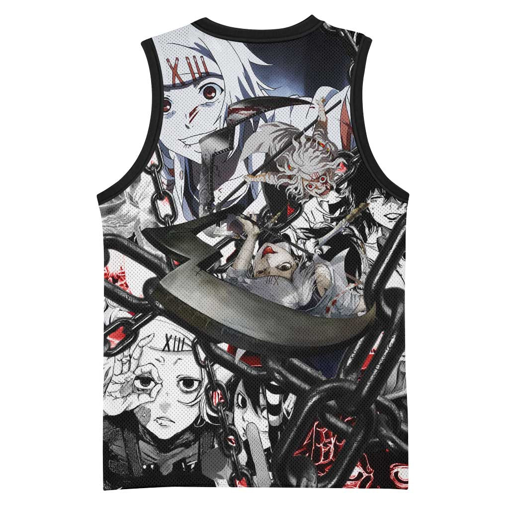 Juuzou Suzuya Tokyo Ghoul Black and White Manga Style Design Basketball Jersey with Red Accents and Chain Weapon Motif - The Mazicc