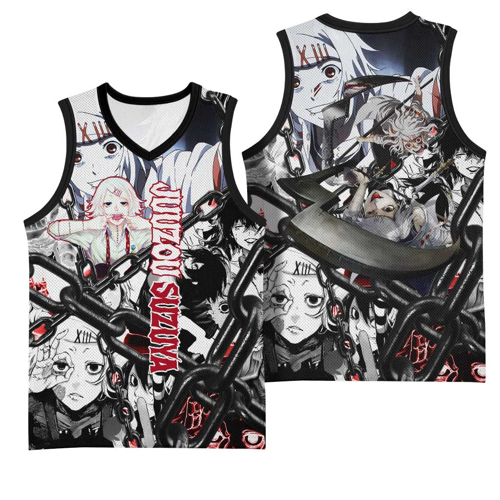 Juuzou Suzuya Tokyo Ghoul Black and White Manga Style Design Basketball Jersey with Red Accents and Chain Weapon Motif - The Mazicc