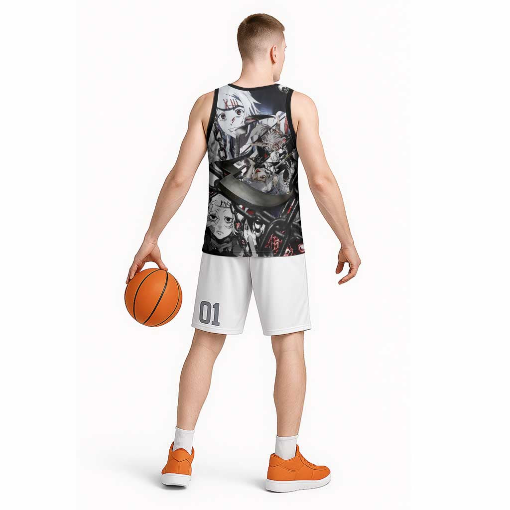 Juuzou Suzuya Tokyo Ghoul Black and White Manga Style Design Basketball Jersey with Red Accents and Chain Weapon Motif - The Mazicc