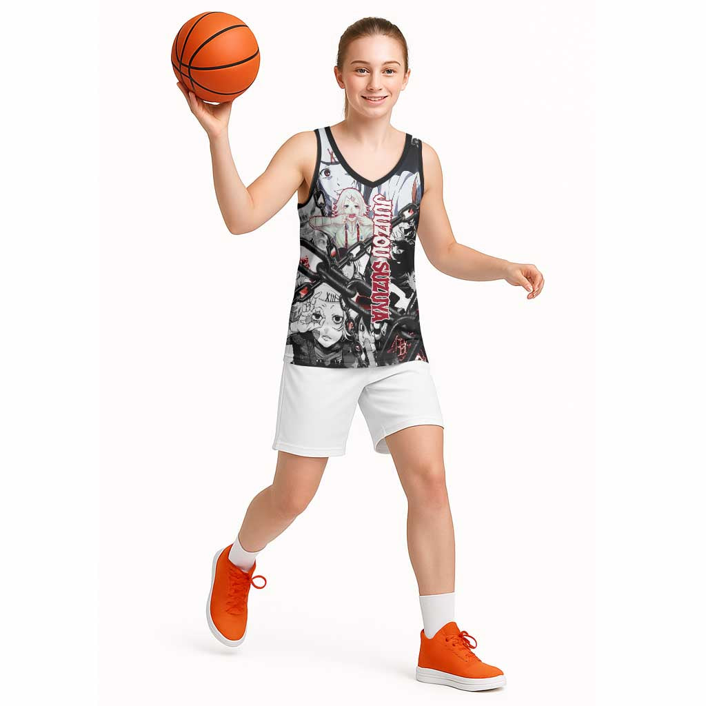 Juuzou Suzuya Tokyo Ghoul Black and White Manga Style Design Basketball Jersey with Red Accents and Chain Weapon Motif - The Mazicc