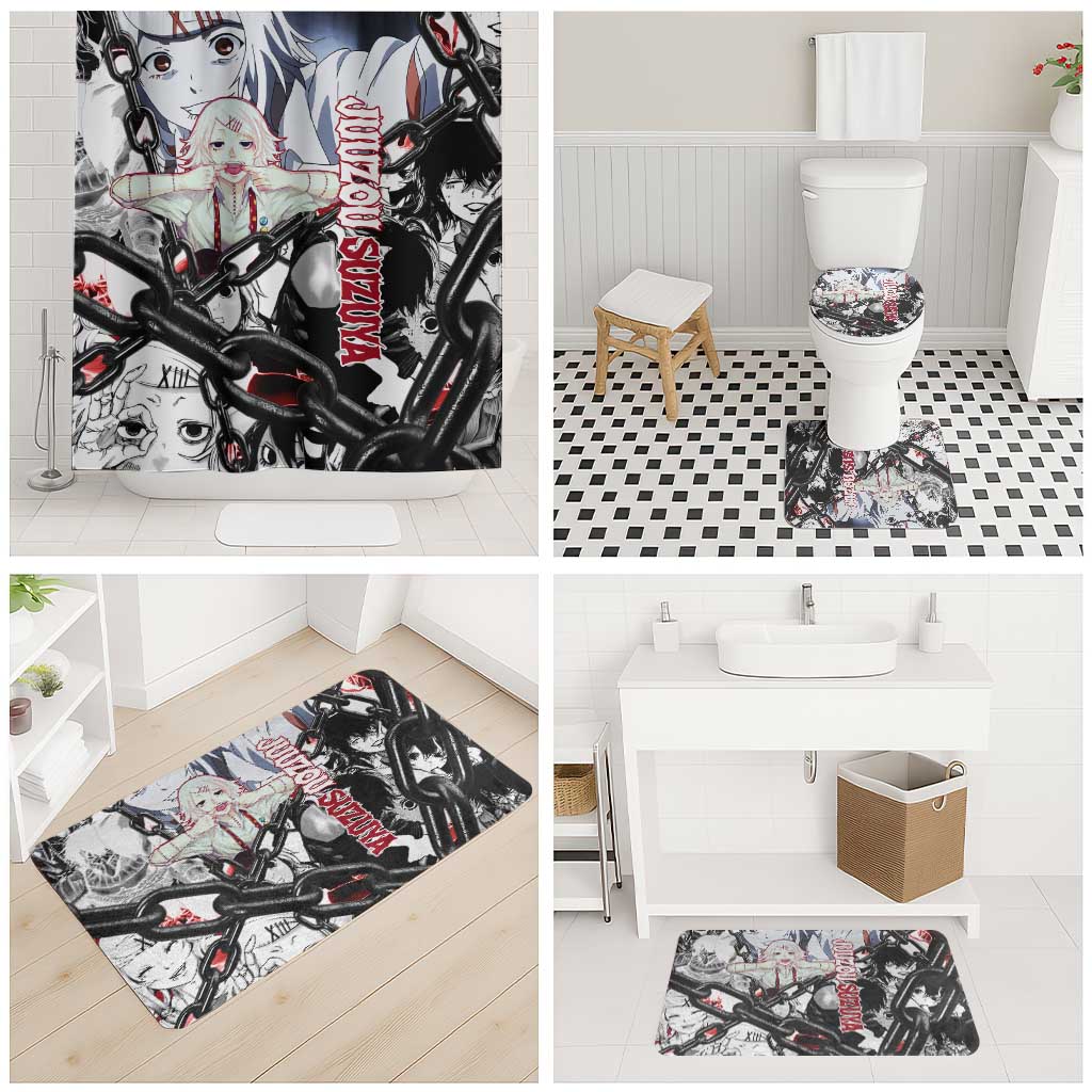 Juuzou Suzuya Tokyo Ghoul Black and White Manga Style Design Bathroom Set with Red Accents and Chain Weapon Motif - The Mazicc