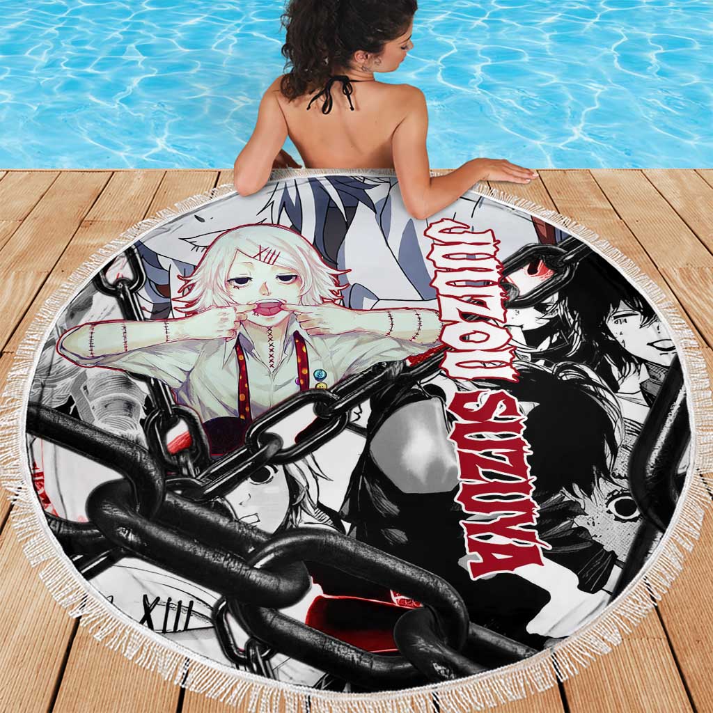Juuzou Suzuya Tokyo Ghoul Black and White Manga Style Design Beach Blanket with Red Accents and Chain Weapon Motif - The Mazicc