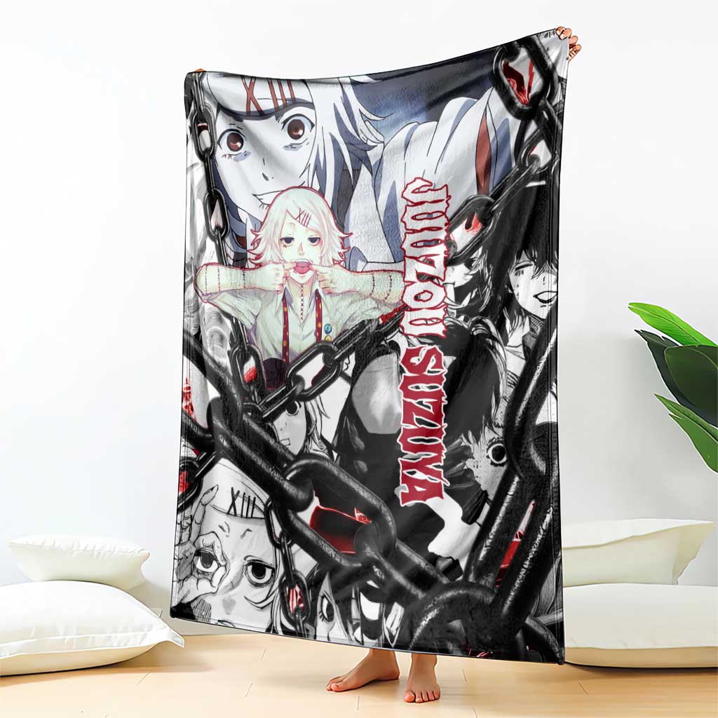 Juuzou Suzuya Tokyo Ghoul Black and White Manga Style Design Blanket with Red Accents and Chain Weapon Motif - The Mazicc