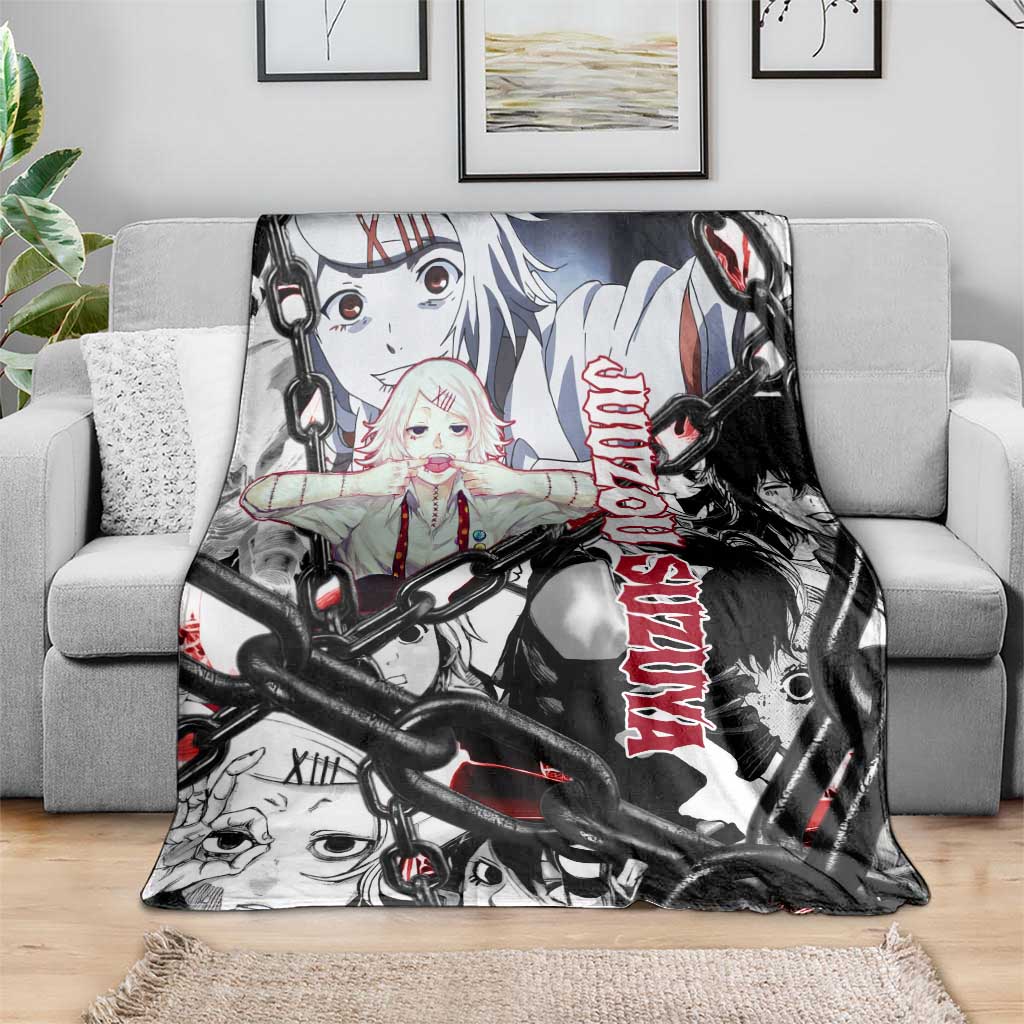 Juuzou Suzuya Tokyo Ghoul Black and White Manga Style Design Blanket with Red Accents and Chain Weapon Motif - The Mazicc