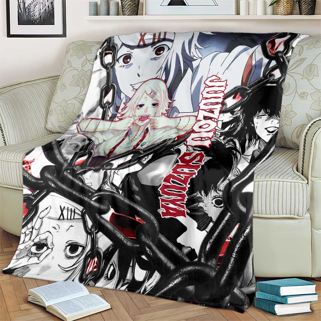 Juuzou Suzuya Tokyo Ghoul Black and White Manga Style Design Blanket with Red Accents and Chain Weapon Motif - The Mazicc