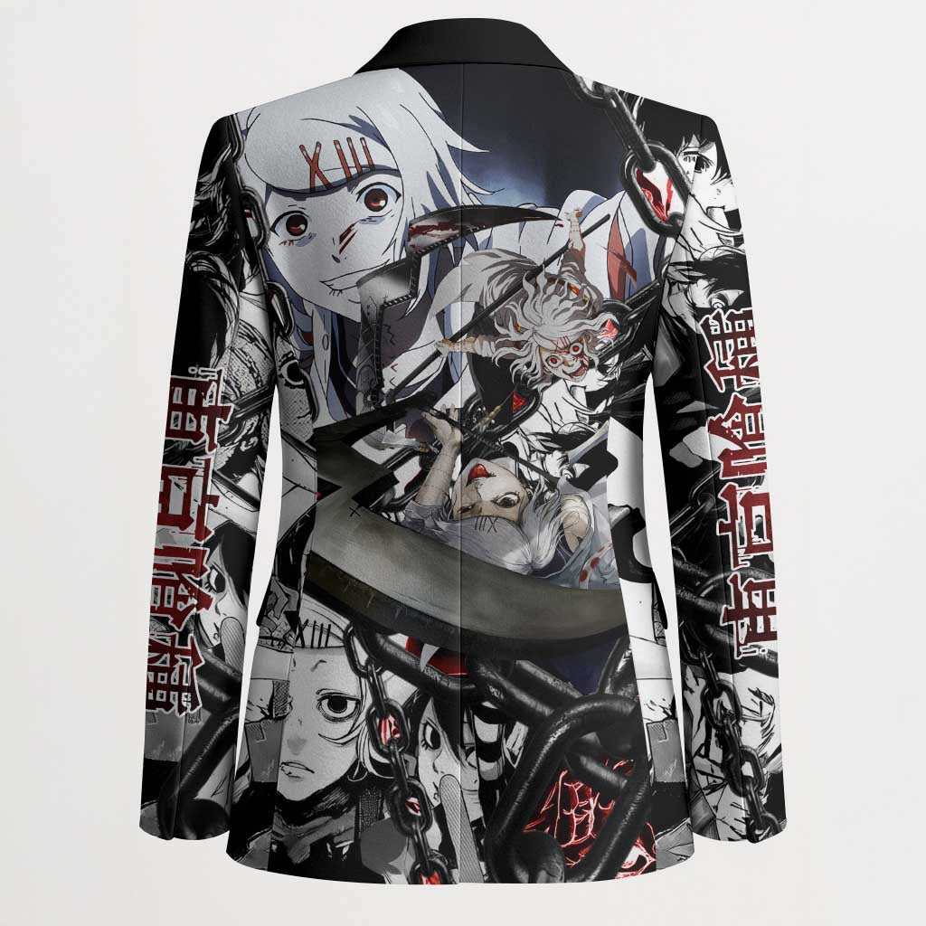 Juuzou Suzuya Tokyo Ghoul Black and White Manga Style Design Blazer with Red Accents and Chain Weapon Motif - The Mazicc