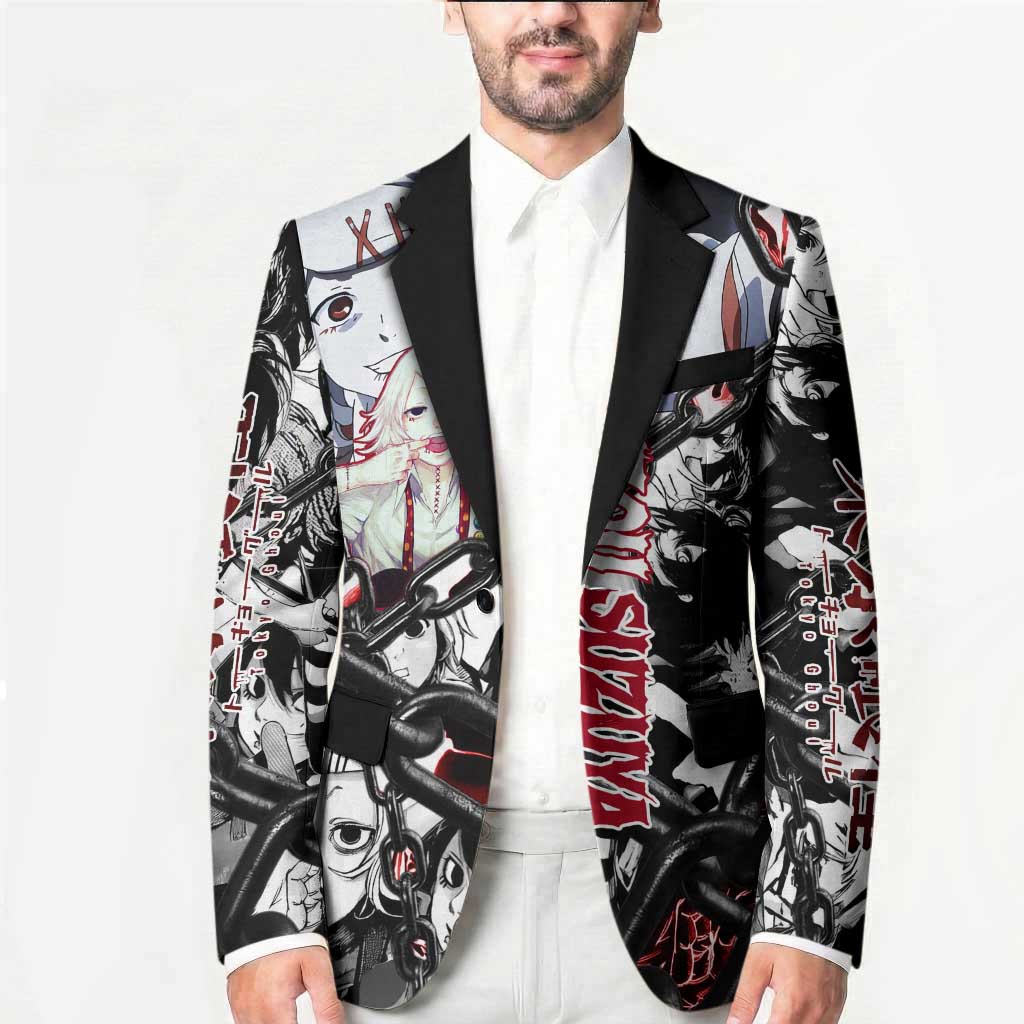 Juuzou Suzuya Tokyo Ghoul Black and White Manga Style Design Blazer with Red Accents and Chain Weapon Motif - The Mazicc