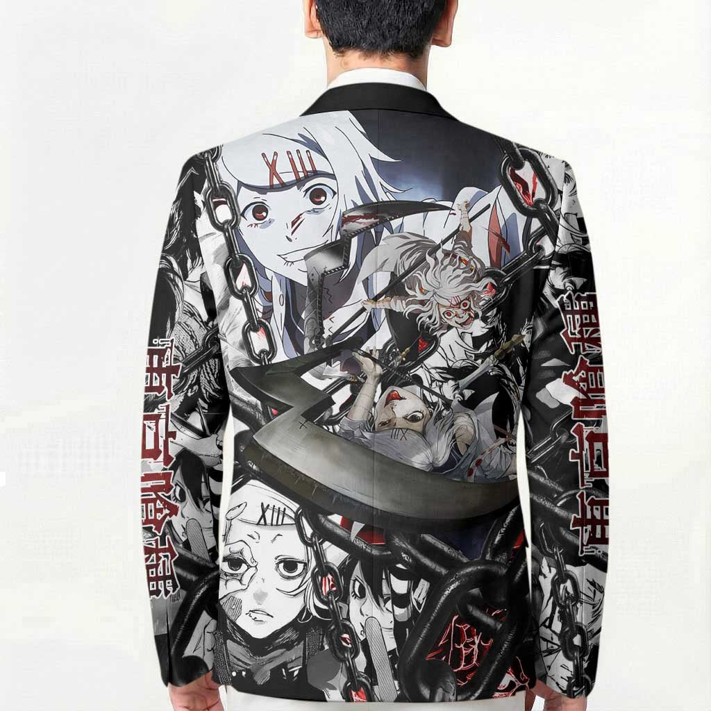 Juuzou Suzuya Tokyo Ghoul Black and White Manga Style Design Blazer with Red Accents and Chain Weapon Motif - The Mazicc