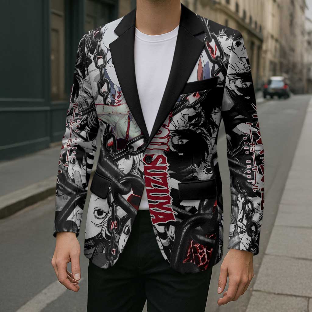 Juuzou Suzuya Tokyo Ghoul Black and White Manga Style Design Blazer with Red Accents and Chain Weapon Motif - The Mazicc