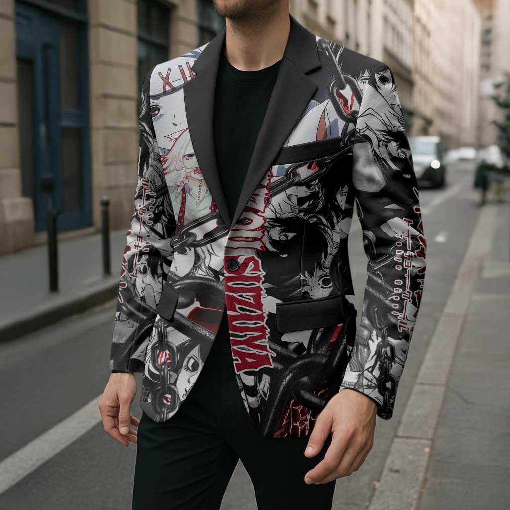 Juuzou Suzuya Tokyo Ghoul Black and White Manga Style Design Blazer with Red Accents and Chain Weapon Motif - The Mazicc