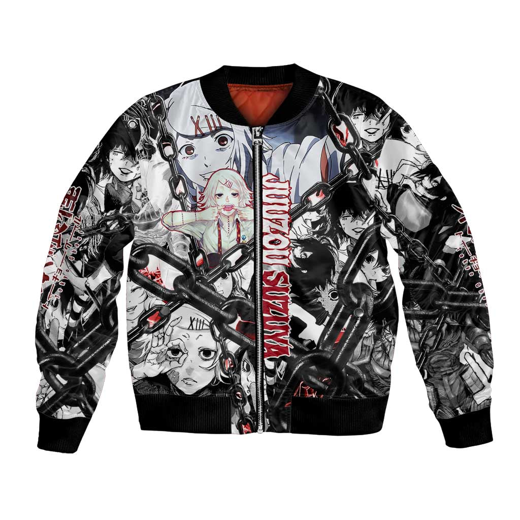 Juuzou Suzuya Tokyo Ghoul Black and White Manga Style Design Bomber Jacket with Red Accents and Chain Weapon Motif - The Mazicc