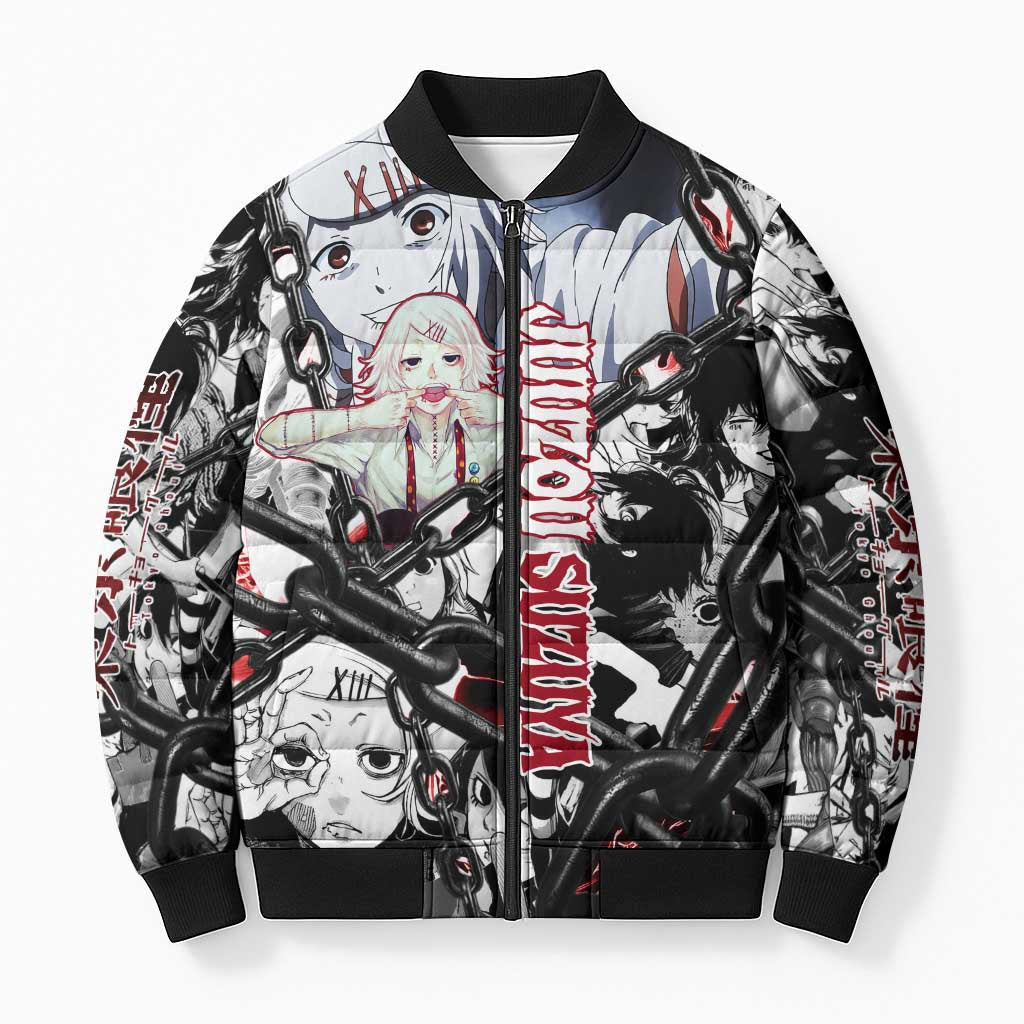 Juuzou Suzuya Tokyo Ghoul Black and White Manga Style Design Bomber Puffer Jacket with Red Accents and Chain Weapon Motif - The Mazicc