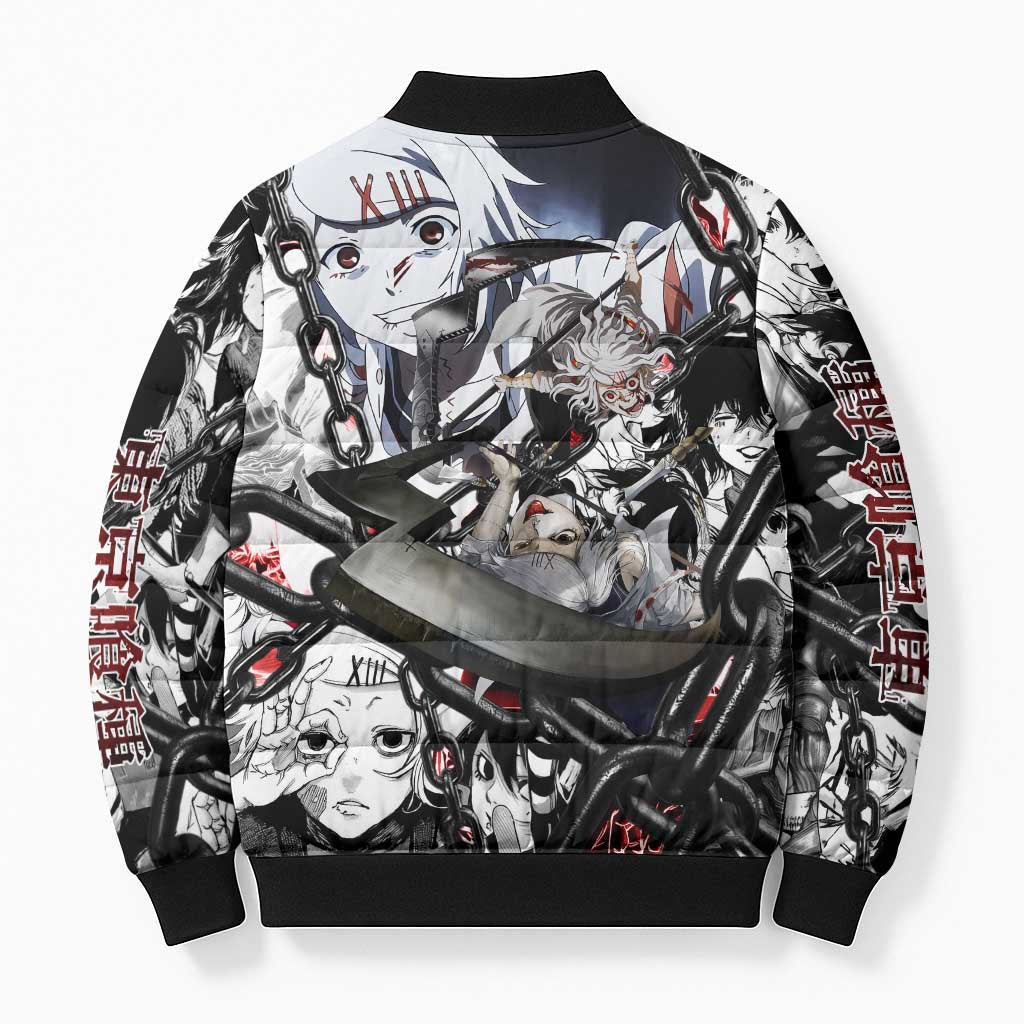 Juuzou Suzuya Tokyo Ghoul Black and White Manga Style Design Bomber Puffer Jacket with Red Accents and Chain Weapon Motif - The Mazicc