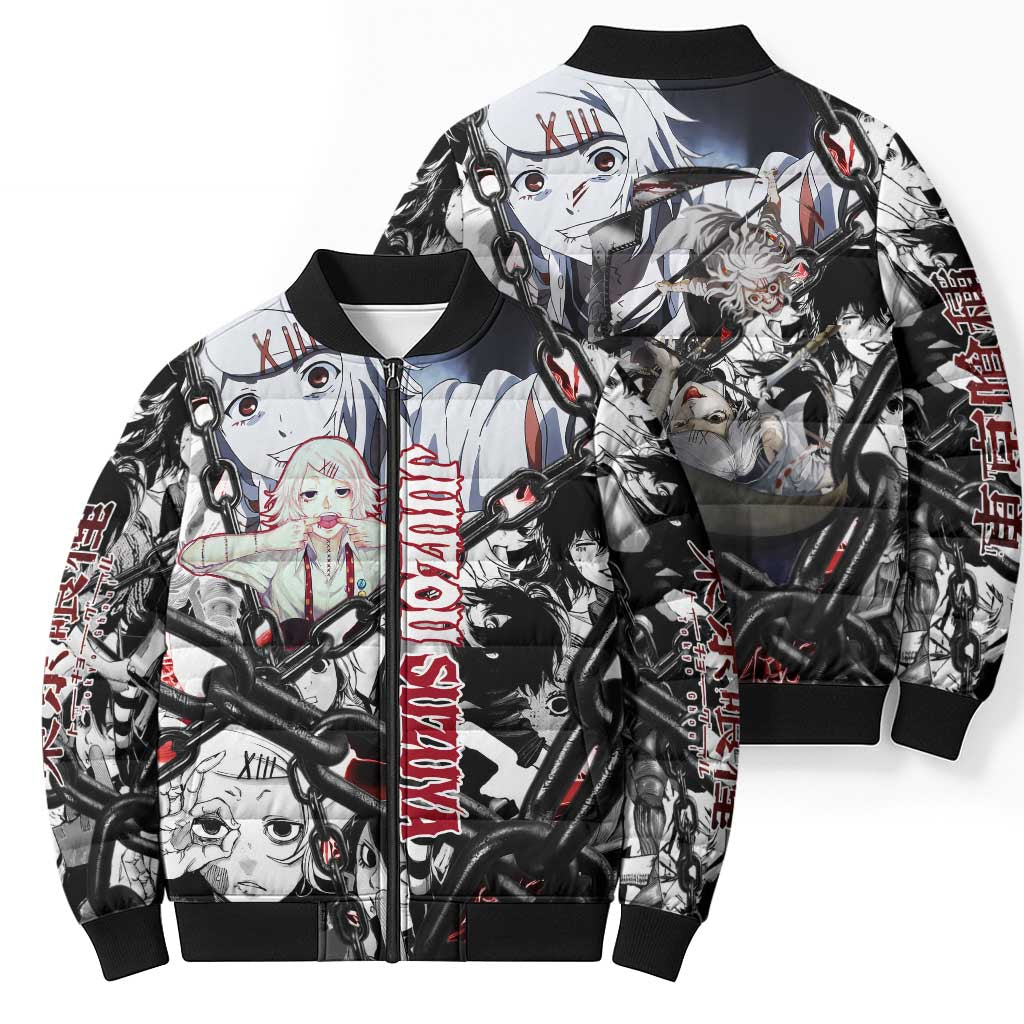 Juuzou Suzuya Tokyo Ghoul Black and White Manga Style Design Bomber Puffer Jacket with Red Accents and Chain Weapon Motif - The Mazicc