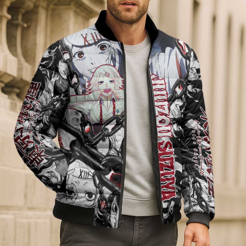 Juuzou Suzuya Tokyo Ghoul Black and White Manga Style Design Bomber Puffer Jacket with Red Accents and Chain Weapon Motif - The Mazicc