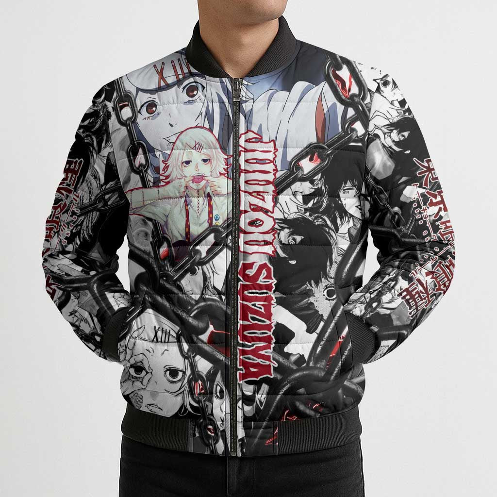 Juuzou Suzuya Tokyo Ghoul Black and White Manga Style Design Bomber Puffer Jacket with Red Accents and Chain Weapon Motif - The Mazicc