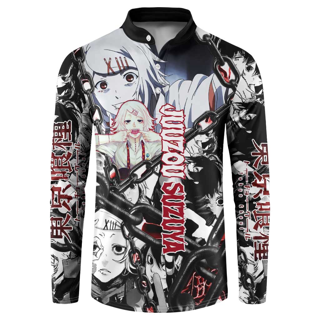 Juuzou Suzuya Tokyo Ghoul Black and White Manga Style Design Button Sweatshirt with Red Accents and Chain Weapon Motif - The Mazicc