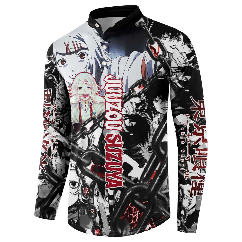 Juuzou Suzuya Tokyo Ghoul Black and White Manga Style Design Button Sweatshirt with Red Accents and Chain Weapon Motif - The Mazicc