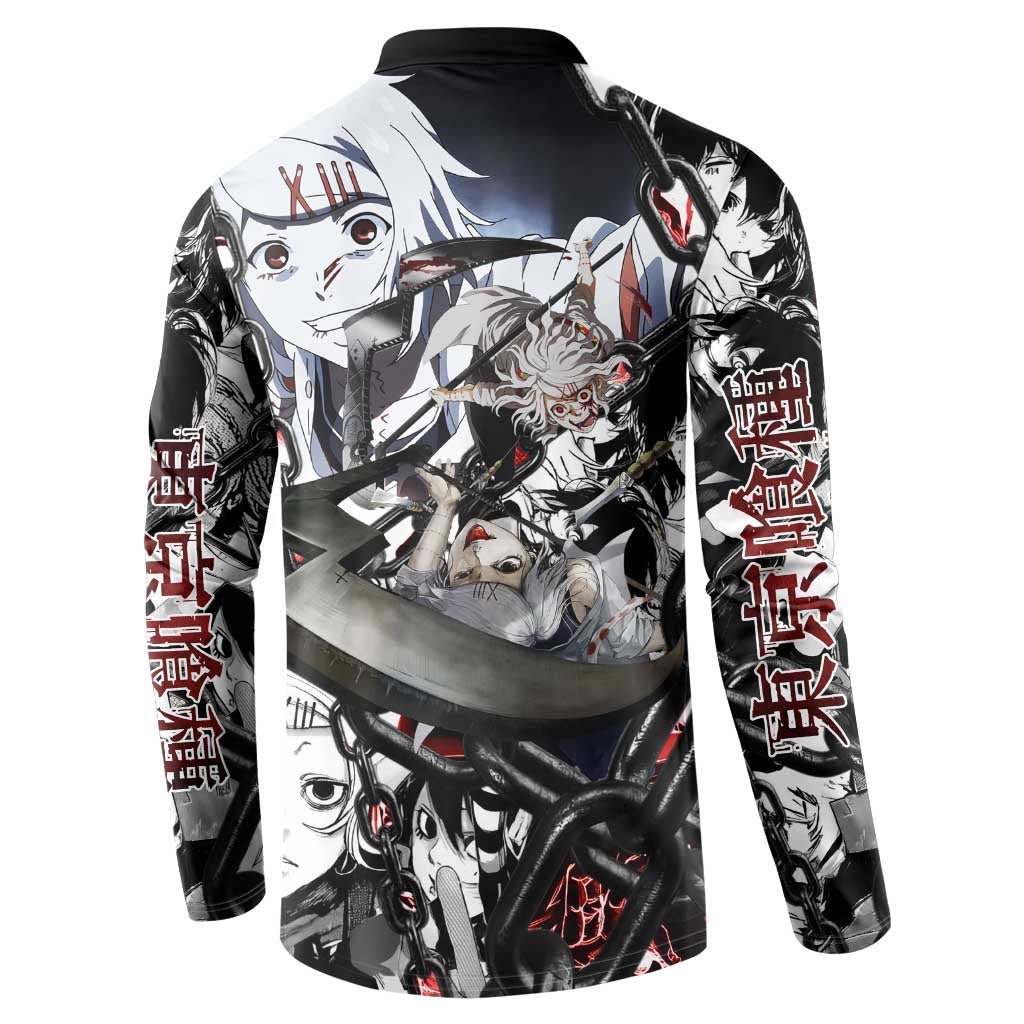 Juuzou Suzuya Tokyo Ghoul Black and White Manga Style Design Button Sweatshirt with Red Accents and Chain Weapon Motif - The Mazicc