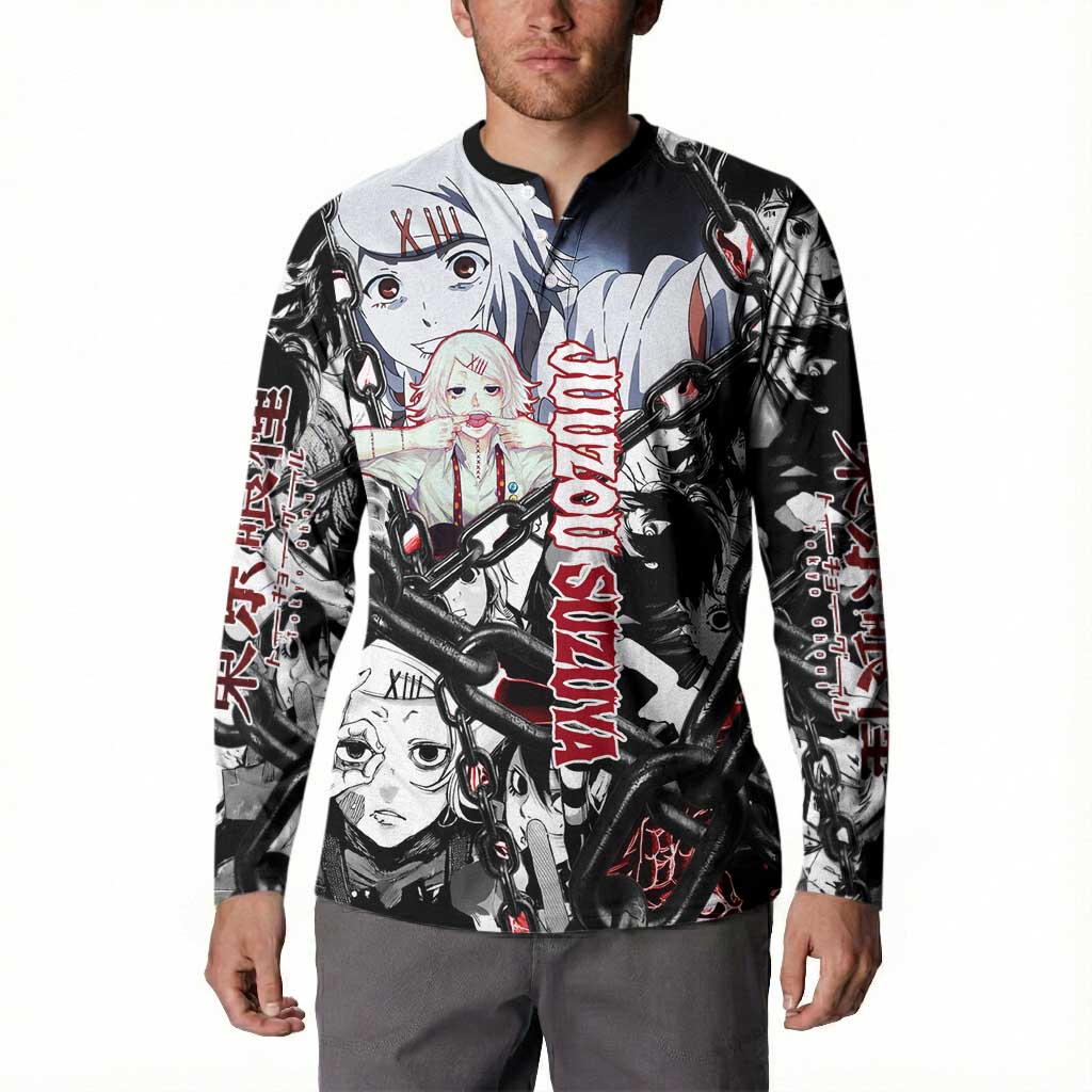 Juuzou Suzuya Tokyo Ghoul Black and White Manga Style Design Button Sweatshirt with Red Accents and Chain Weapon Motif - The Mazicc