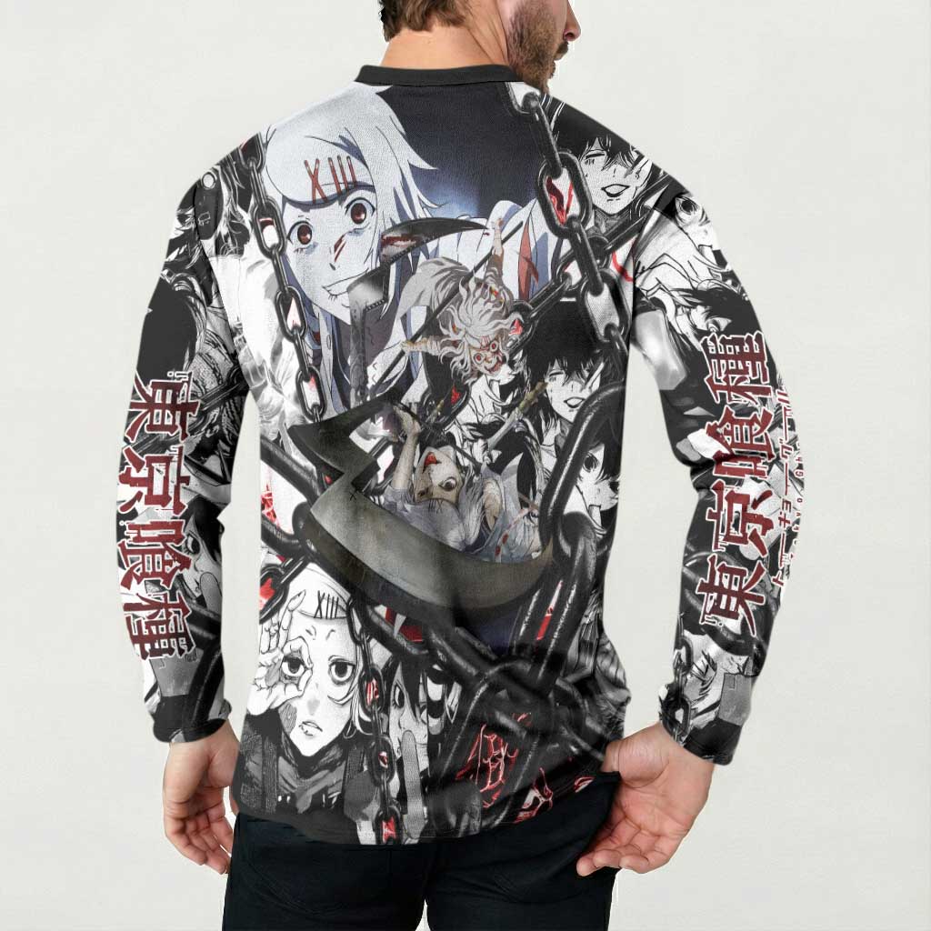Juuzou Suzuya Tokyo Ghoul Black and White Manga Style Design Button Sweatshirt with Red Accents and Chain Weapon Motif - The Mazicc