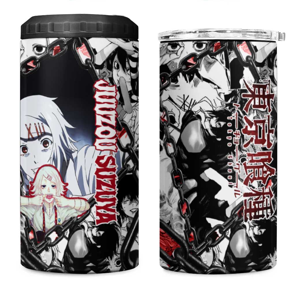 Juuzou Suzuya Tokyo Ghoul Black and White Manga Style Design 4 in 1 Can Cooler Tumbler with Red Accents and Chain Weapon Motif - The Mazicc