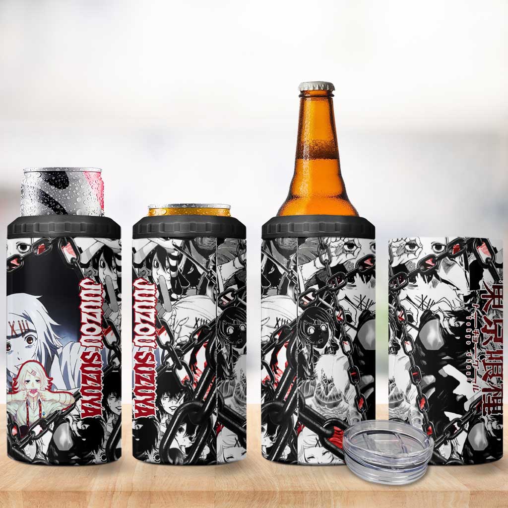 Juuzou Suzuya Tokyo Ghoul Black and White Manga Style Design 4 in 1 Can Cooler Tumbler with Red Accents and Chain Weapon Motif - The Mazicc